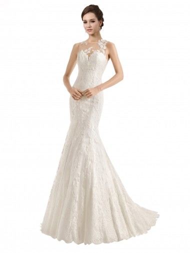 Lace Illusion Neck Sleeveless Chapel Train Wedding Dress Ballarat
