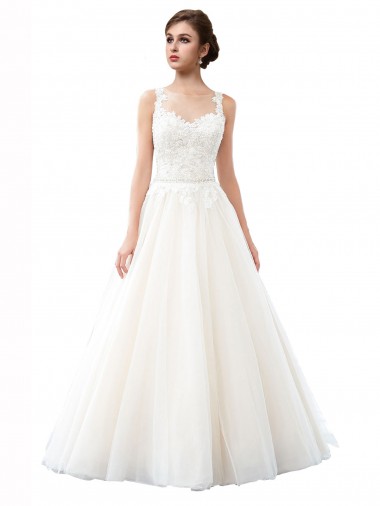 Tulle & Lace Illusion Neck Sleeveless Cathedral Train Beach Wedding Dress Ballarat