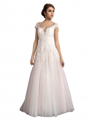 Tulle & Lace Illusion Neck Cap Sleeves Cathedral Train Beach Wedding Dress Ballarat