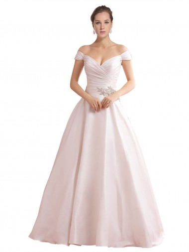 Satin Off the Shoulder Sleeveless V-Back Chapel Train Wedding Dresses Ballarat