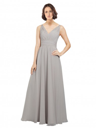 Soft Chiffon V-Neck Sleeveless V-Back Oyster Silver Long Bridesmaid Dress Ballarat