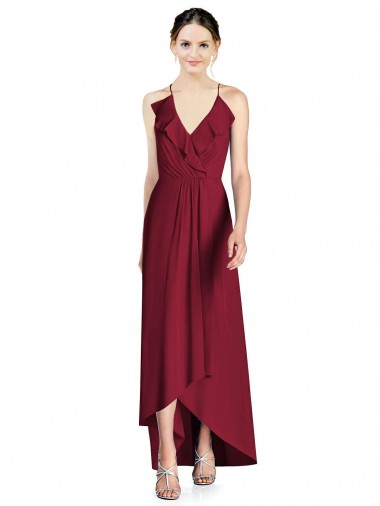 Soft Chiffon Spaghetti Straps Sleeveless Open Back Burgundy Long High Low Bridesmaid Dress Ballarat