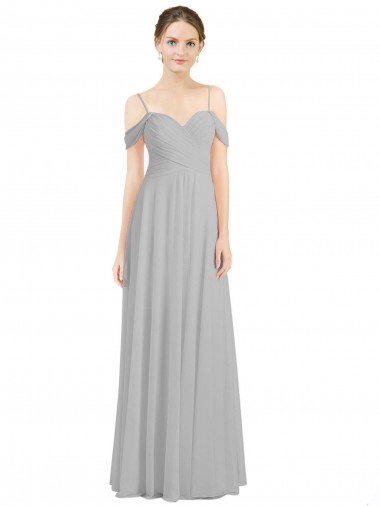Lxue Chiffon Off the Shoulder Sleeveless Low Back Silver Long Bridesmaid Dress Ballarat