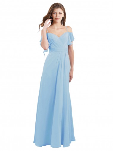 Soft Chiffon Spaghetti Straps Cold Shoulder Low Back Long Bridesmaid Dress Ballarat