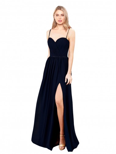 Soft Chiffon Spaghetti Straps Sleeveless Dark Navy Long Formal Evening Gown / Bridesmaid Dress Ballarat