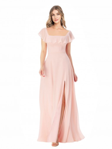 Soft Chiffon Square Neck Cap Sleeves Long Formal Dress / Bridesmaid Dress Ballarat