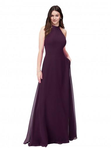Soft Chiffon Halter Neck Sleeveless Keyhole Back Grape Long Bridesmaid Dress Ballarat