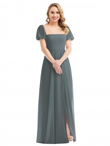 Soft Chiffon Square Neck Puff Sleeves Long Semi Formal Evening Dress / Bridesmaid Dress Ballarat