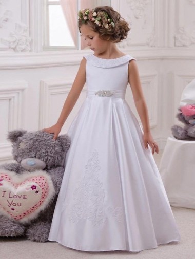 Satin & Lace Bateau Neck Sleeveless Long Flower Girl Dresses Ballarat