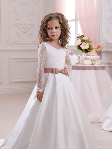 Satin & Lace V-Neck Long Sleeves Chapel Train Flower Girl Dress Ballarat