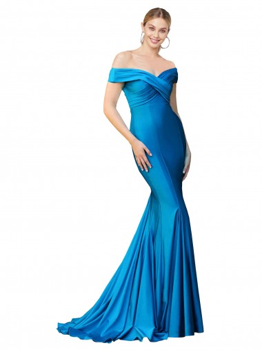 Satin Off the Shoulder Sleeveless Peacock Blue Long Formal Evening Gown / Prom Dress / Bridesmaid Dress Ballarat