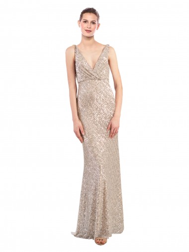 Sequin & Sparkling Sequin V-Neck Sleeveless V-Back Silver Long Formal Evening Gown / Prom Dress / Bridesmaid Dress Ballarat