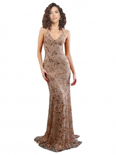 Stretch Crepe & Sequin Tulle V-Neck Sleeveless Open Back Rose Gold Long Formal Evening Gown / Prom Dress / Bridesmaid Dress Ballarat