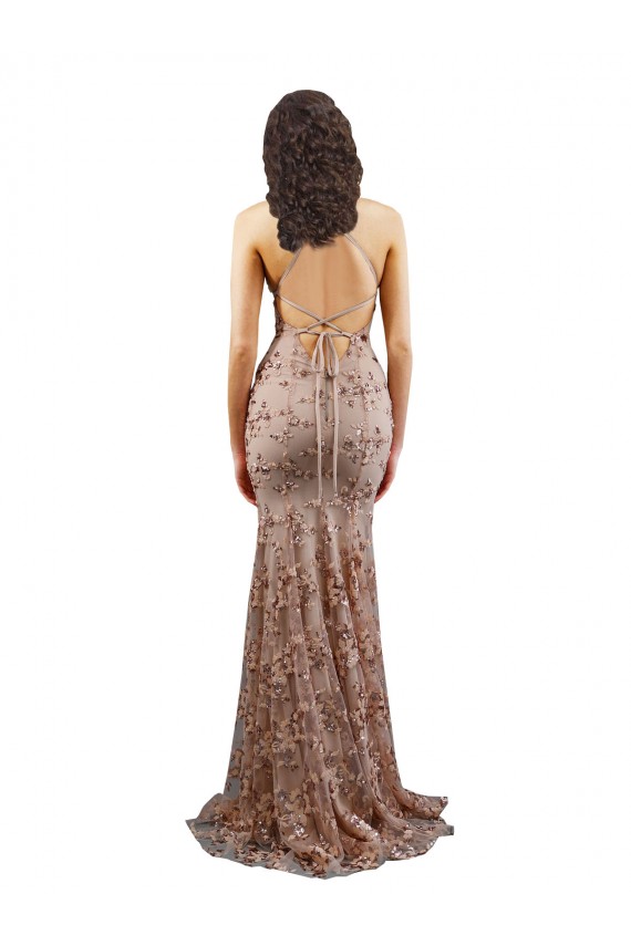 Stretch Crepe & Sequin Tulle V-Neck Sleeveless Open Back Rose Gold Long Formal Evening Gown / Prom Dress / Bridesmaid Dress Ballarat