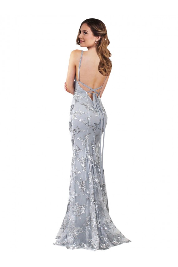 Stretch Crepe & Sequin Tulle V-Neck Sleeveless Open Back Silver Long Formal Evening Gown / Prom Dress / Bridesmaid Dress Ballarat